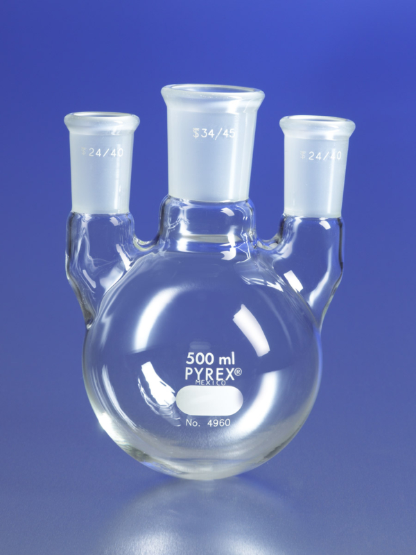 PYREX® Three Neck Distilling Flask with Vertical Neck Standard Taper Joints