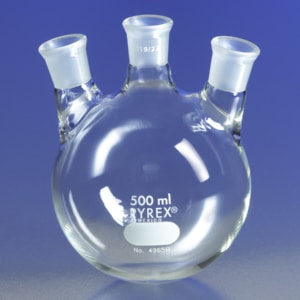 PYREX® Three Neck Distilling Flask , Center Vertical and Side Angled Neck, 4965B