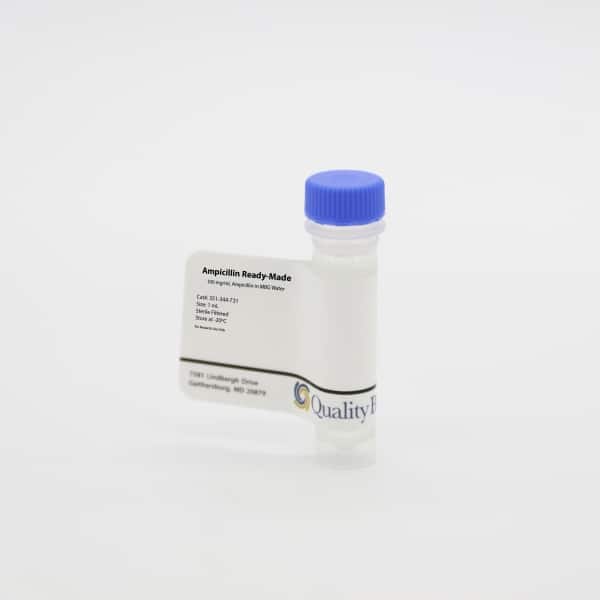 Ampicillin in a convenient ready-to-use solution useful in selecting for ampicillin resistant bacteria.