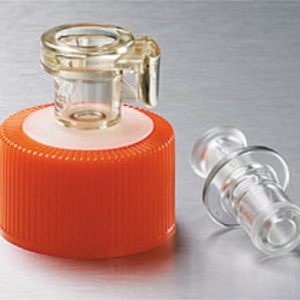 Corning® 33 mm Polyethylene Filling Cap with a Female MPC Polycarbonate with a 1/4 (6.4 mm) ID Coupling and a Male MPC Polycarbonate End Cap