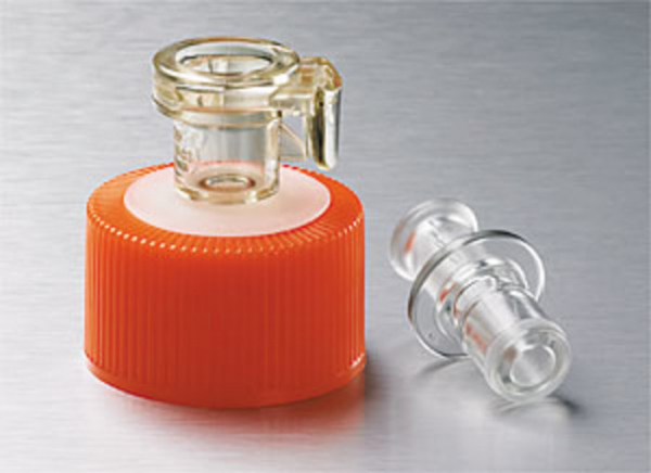 Corning® 33 mm Polyethylene Filling Cap with a Female MPC Polycarbonate with a 1/4 (6.4 mm) ID Coupling and a Male MPC Polycarbonate End Cap